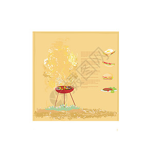 香肠三明治烧烤党邀请火焰野餐插图饮料沙拉午餐盘子卡片炙烤烹饪设计图片