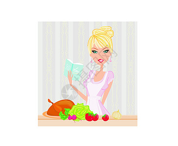 美丽的女士烹饪裙子厨师洋葱午餐女性火鸡衣服蔬菜生活房子图片