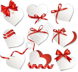 一套漂亮的礼品卡 上面有红礼弓和红心店铺丝带生日浪漫优惠券卡片礼物插图问候语纸板图片