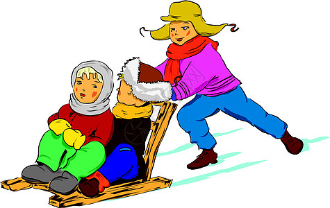 儿童在雪橇上娱乐围巾大衣白色孩子靴子帽子女孩皮毛滑冰图片