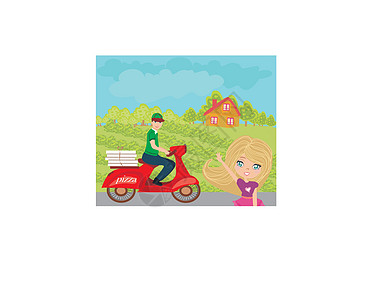 骑摩托车送比萨饼的人花朵商业餐厅骑术盒子孩子香肠速度送货微笑图片
