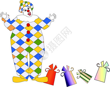 带礼物的小丑插图描写笑声乐趣文体马戏团点缀艺术品漫画孩子图片