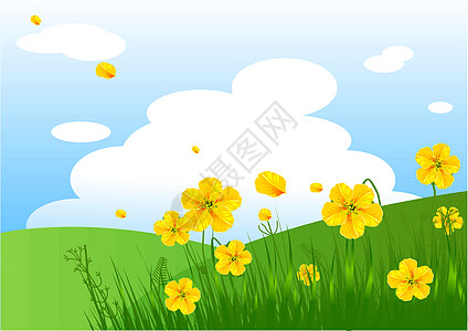 草地赞扬表扬背景花粉场地绿色插图感激敬畏蓝色场景绘画日落图片