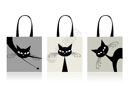 黑猫优雅 设计购物袋绘画哺乳动物反射眼睛艺术胡须猫科草图插图猫咪图片