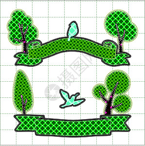 带树和鸟的生日彩带条形图示图片