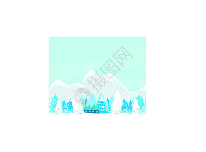 冬季景观矢量插图民间装饰品雪花降雪蓝色刷子装饰风格海报图片