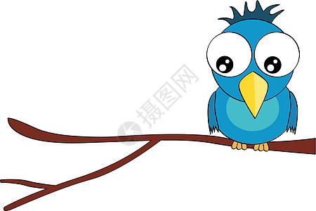 在白色背景上孤立的树枝插图上的卡通微笑鸟字字符刘海动物蓝色吉祥物小路翅膀鼻子明信片染色喜悦图片