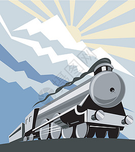 古老的蒸汽火车机车运输货物过境货运太阳乘客插图木刻艺术品铁路图片