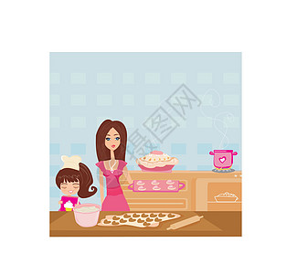 蛋糕厨师幸福女儿在厨房帮她妈妈做饭!设计图片