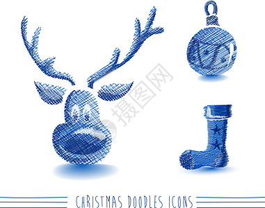 圣诞快乐蓝色素描风格元素设置了 EPS10 文件织物邀请函名片包装纸装饰新年作品装饰品庆典玩具图片