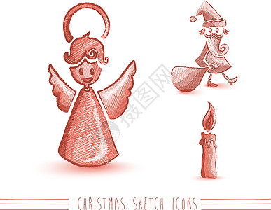 圣诞快乐红草图风格元素 设置了EPS10文件装饰贺卡蜡烛假期邀请函快乐红色新年插图作品图片