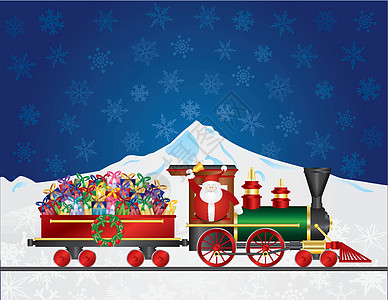 圣诞老人在火车上与夜间雪雪景的礼物图片