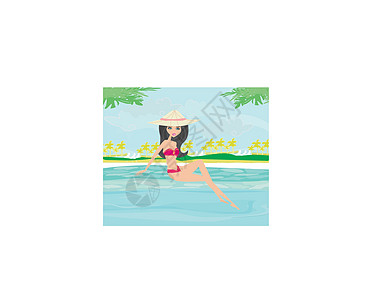 泳池旁的女青年日光浴身体池塘蓝色旅游绿洲假期泳装热带场景日光图片