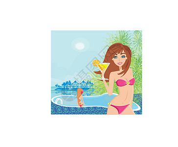 女孩和热带雨池海景娱乐棕榈身体蓝色插图泳装池塘游泳日光图片