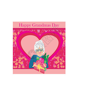 带着一束鲜花的老太太 快乐的外婆节花束盒子退休成人女士白发卡片乐趣女性享受图片