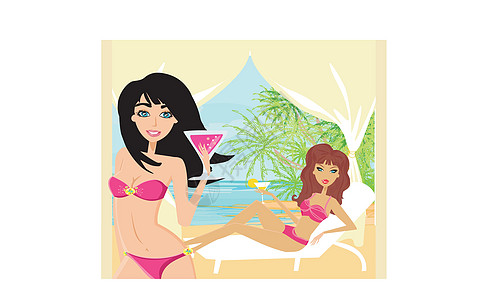 女人在优雅的温泉里放松娱乐女孩旅游酒店游泳反射蓝色海滩水池棕榈图片