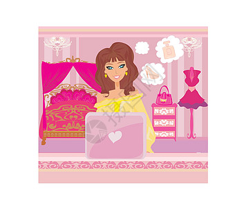 网上购物     坐在笔记本电脑架上的年轻微笑的妇女香水吊灯枝形裙子插图模型手提包粉色更衣室家具图片