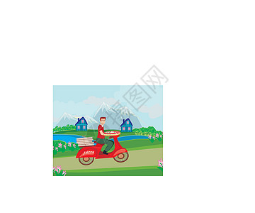 骑摩托车送比萨饼的人卡通片发动机餐厅艺术菜单商业盒子骑术插图速度图片