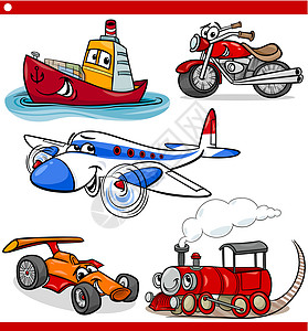 可笑的漫画汽车和汽车蒸汽菜刀衬垫绘画玩具运输铁路自行车引擎摩托车图片