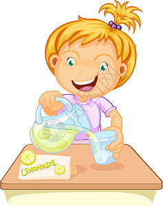 喝果汁的女孩卡通片头发金色工作女士商业孩子柠檬水摊草图背景图片