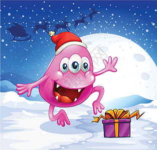 一个戴着圣诞老人帽子的 快乐的粉红蜜豆怪物图片