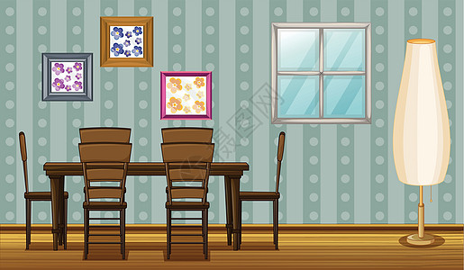 一桌饭桌和一盏灯座位材料装饰用餐房子家具地面框架风格海报图片