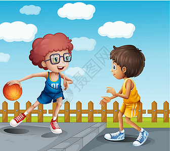 打篮球的两个男孩男性运动员卡通片篮球孩子们黄色绘画运动男人运球图片