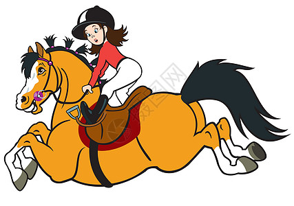 骑马的卡通女孩骑术水平乐趣跳跃对抗头盔漫画动物孩子农场图片