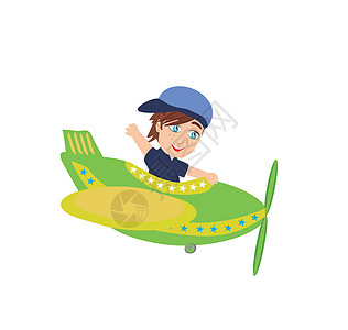 小男孩操作平板机螺旋桨飞机翅膀旅行玩具运输卡通片导航航空航班图片