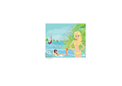 女孩和热带雨池海浪绿洲日光游泳假期泳装水池酒店插图场景图片