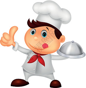 大厨拿着金属餐盘和大拇指食物美食手势帽子烹饪卡通片厨房男人插图男性图片