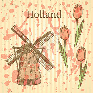 Slaych 荷兰风车和郁金 矢量背景建筑文化旅游绘画力量明信片叶子植物群插图旅行图片
