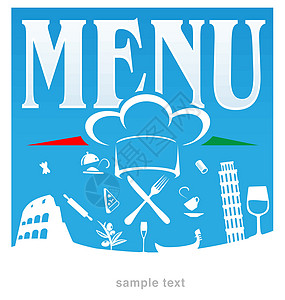 意大利语菜单蓝色背景午餐创造力小册子帽子设计推广标签卡片小酒馆框架图片