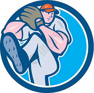 弹着棒球的野外球员 腿抬起圆形木板玩家圆圈投手卡通片插图男人手套运动男性野手图片