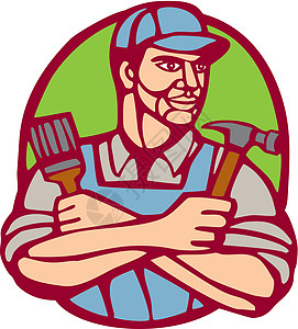建筑工 Carpenter 油漆笔刷印刷工人木匠版画插图男性艺术品油毡块锤子木刻图片