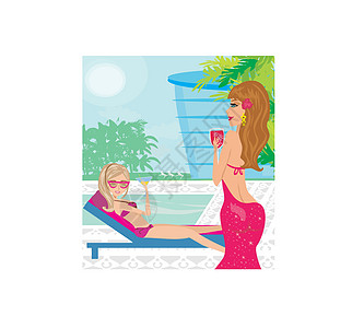 女人在优雅的温泉里放松日光女孩热带酒店海滩娱乐场景假期池塘水池图片