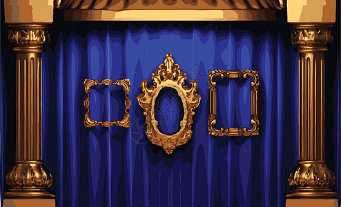 矢量金色框和蓝幕幕台艺术手势模具天鹅绒展示推介会窗帘展览歌剧剧场图片