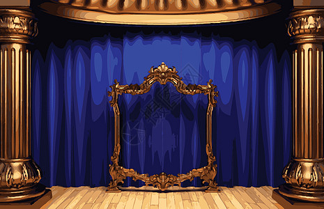 矢量金色框和蓝幕幕台织物天鹅绒气氛剧院金子蓝色布料歌剧礼堂模具图片