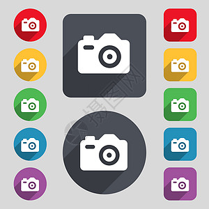 相片相机图标符号 一组由12个彩色按钮和长阴影构成的光线 平坦的设计 矢量图片