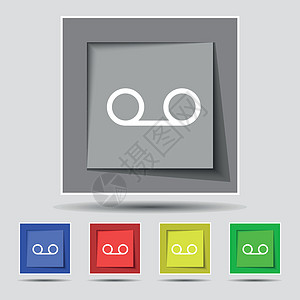 原始五个彩色按钮上的音频磁带图标符号 矢量玩家娱乐音响怀旧歌曲袖珍绘画旋律记录塑料图片