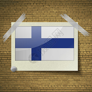 芬兰在砖背景框上的旗子 矢量图片