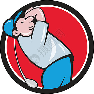 高尔夫球摇摆俱乐部圆环卡通运动员俱乐部男性高尔夫球玩家插图运动圆圈男人卡通片图片