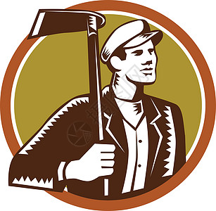 园林景观人印刷锄头园艺家工具油毡块男性收成木块工人手工具图片