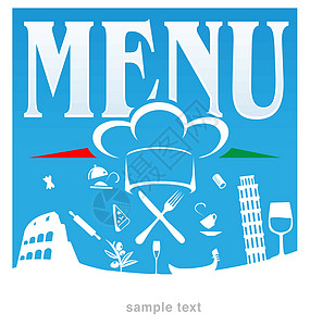 意大利语菜单蓝色背景帽子酒吧插图品牌小酒馆推广小册子框架午餐卡片图片