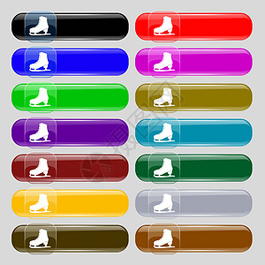 冰滑溜冰图标符号 从14个多色玻璃按钮中设定 并设置文本位置 矢量图片