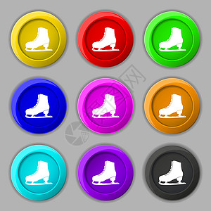 滑冰图标标志 九个圆形彩色按钮上的符号 韦克托季节金属刀刃舞蹈鞋类运动冻结速度鞋带溜冰者图片