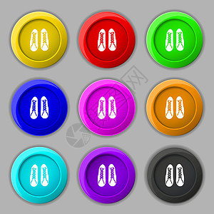 鞋图标标志 九个圆形彩色按钮上的符号 韦克托运动员衣服速度鞋类蕾丝健身房插图皮革运动鞋娱乐图片