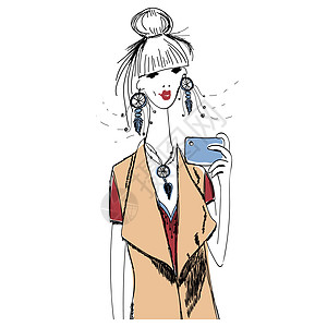 波西米亚风格的年轻时尚女性用手机做自拍 适用于 T 恤印花 手机壳 海报 包袋印花 杯子印花或记事本封面店铺纺织品打印艺术插图女图片