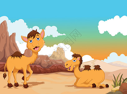 两幅有沙漠风景背景的滑稽骆驼漫画图片