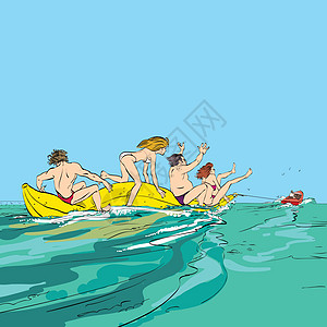 快乐的人在香蕉蟒蛇上玩得开心喜悦男人女孩漫画海洋插图微笑假期娱乐游戏图片
